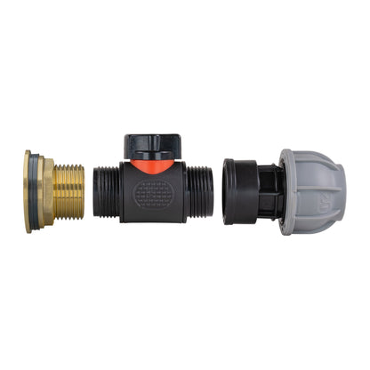 Water Butt Brass Kit 1" with In-Line Valve + 20mm MDPE