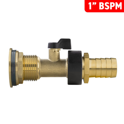 Water Butt Brass Kit 1" with Brass Valve + 19mm Barb