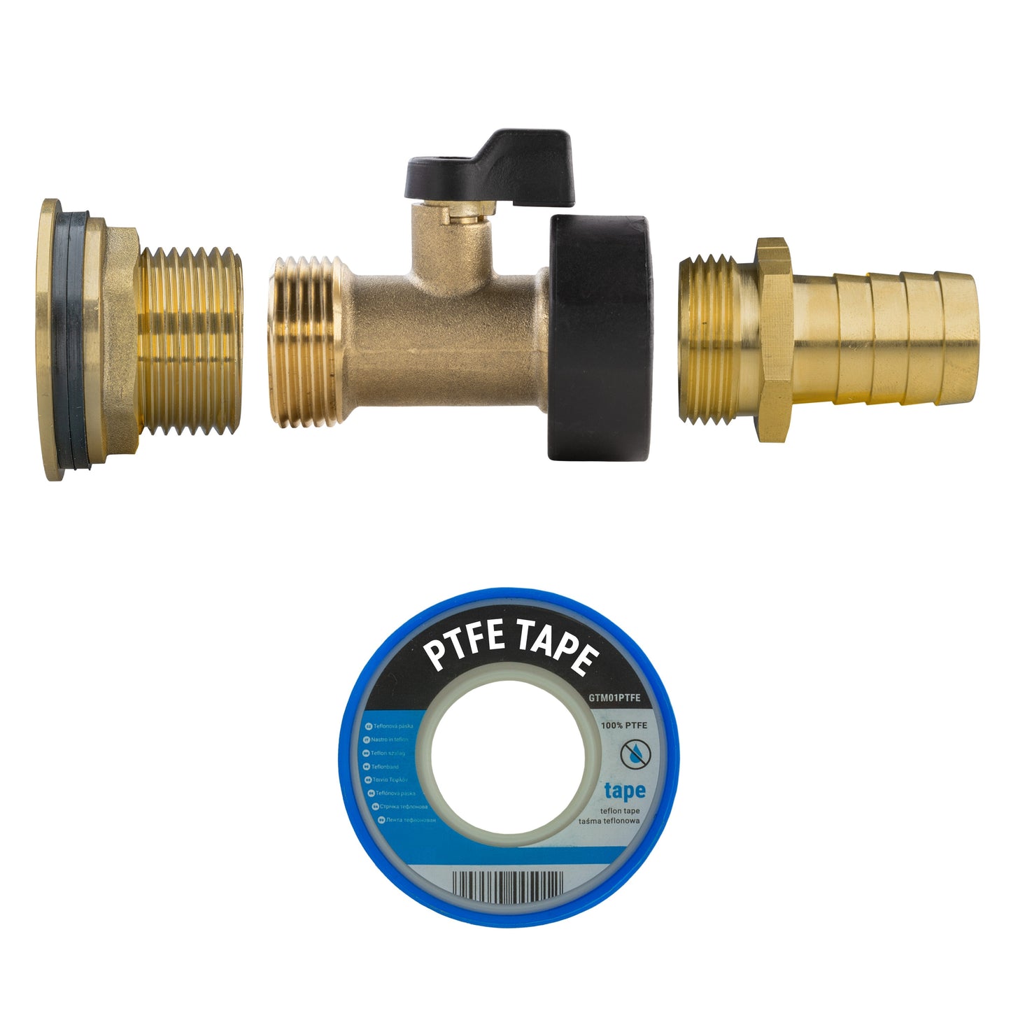 Water Butt Brass Kit 1" with Brass Valve + 19mm Barb
