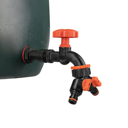 Water Butt Extension Kit 3/4" with Black Dial Tap + Two-Way Splitter and Drill Bit