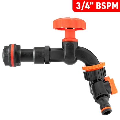 Water Butt Extension Kit 3/4" with Black Dial Tap + Two-Way Splitter and Drill Bit