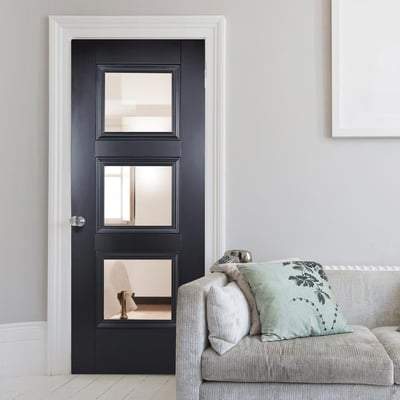 Amsterdam Black Primed 3 Glazed Clear Bevelled Light Panel Interior Door - 1981mm x 838mm
