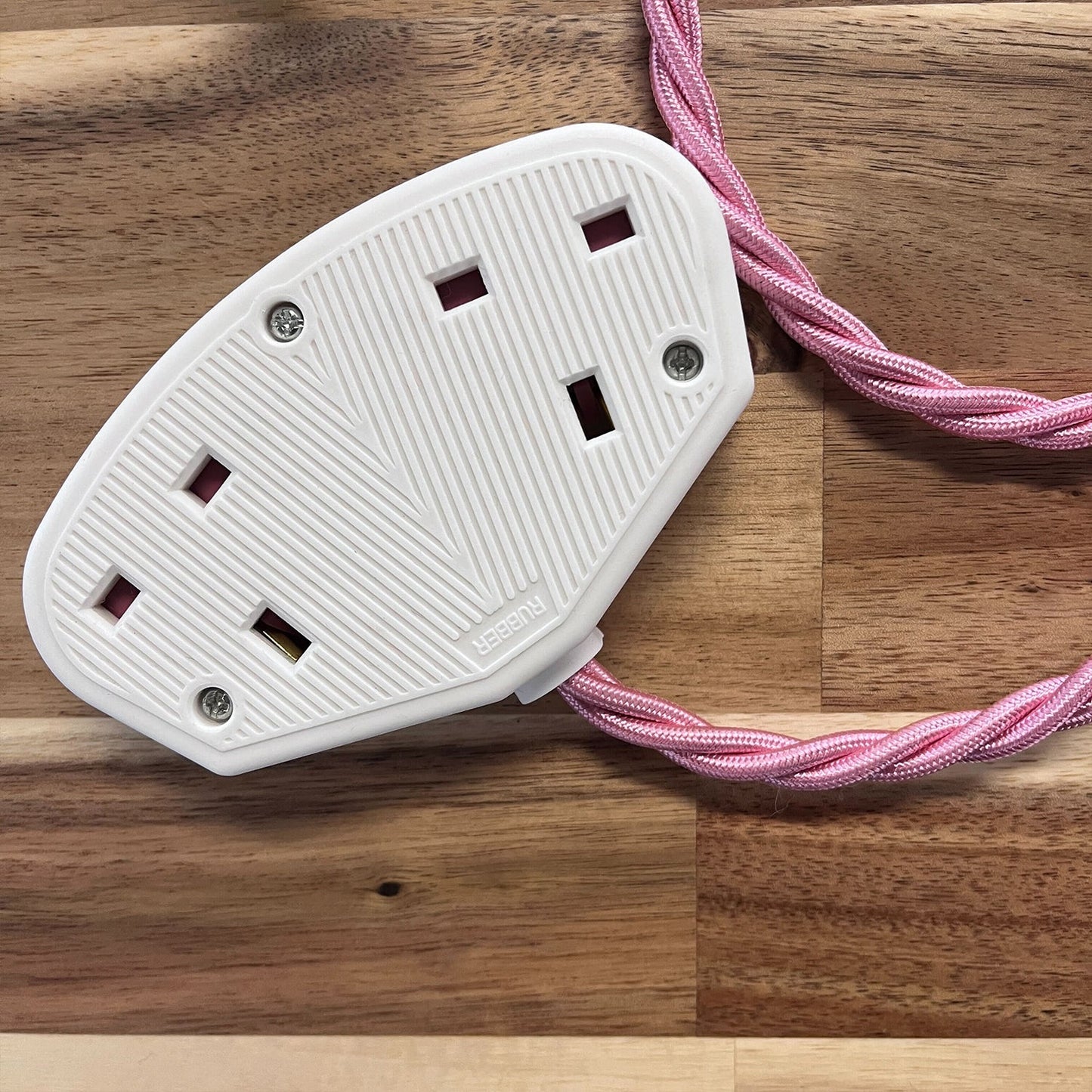 Pink Braided Fabric Decorative Extension Lead - 2 Gang White Trailing Socket