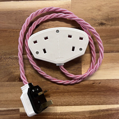 Pink Braided Fabric Decorative Extension Lead - 2 Gang White Trailing Socket