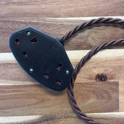 Brown / Gold / Yellow Braided Fabric Decorative Extension Lead - 2 Gang Black Trailing Socket