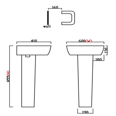 Cubix 600mm Basin & Pedestal - 1 Tap Hole with Chrome Overflow