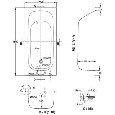 Steel Single Ended Gripped Antislip Straight Bath - All Sizes