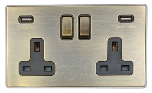 Caradok Screwless Premium Vintage Brass Metal 2 Gang 2.1A USB 13A Switched Plug Socket
