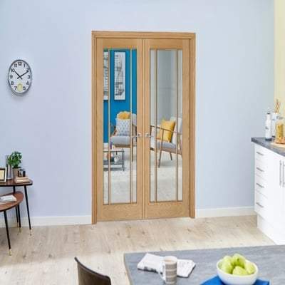 Oak Lincoln 3 Glazed Clear Light Panel Un-Finished Internal French Doors - 1981mm x 914mm