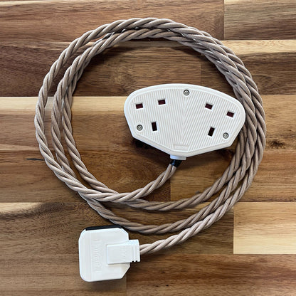 Cream / Linen Braided Fabric Decorative Extension Lead - 2 Gang White Trailing Socket