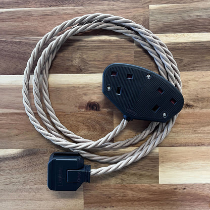 Cream / Linen Braided Fabric Decorative Extension Lead - 2 Gang Black Trailing Socket