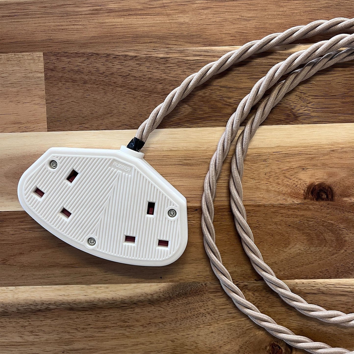Cream / Linen Braided Fabric Decorative Extension Lead - 2 Gang White Trailing Socket