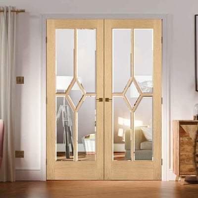 Oak Reims 5 Glazed Clear Panels (Diamond) Pre-Finished Internal French Doors - 1981mm x 1168mm
