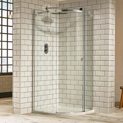 Sphere Curved Offset Quadrant Shower Enclosure w/ Cut-Out Top Panel, 1 Elongated Side Panel & Sliding Door