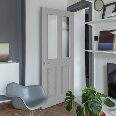 Moulded Textured Grey Pre-Finished 2 Glazed Clear Light Panels Interior Door - All Sizes