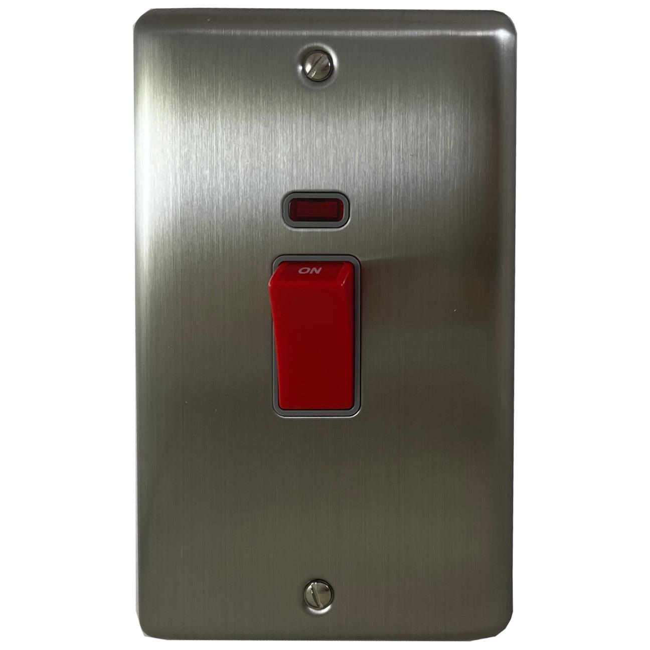 Caradok 45A 1gang double pole switch+neon double plate (86×146mm) Brushed Chrome
