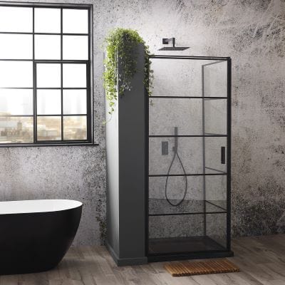 Velar+ Matt Black Hinge Corner Entry Door & Side Panel - 900 x 2000mm