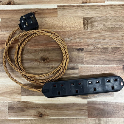 Brown / Gold / Yellow Braided Fabric Decorative Extension Lead - 4 Gang Black Trailing Socket