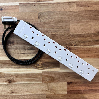 Black / Grey / White Braided Fabric Decorative Extension Lead - White 6 Gang Switched Trailing Socket