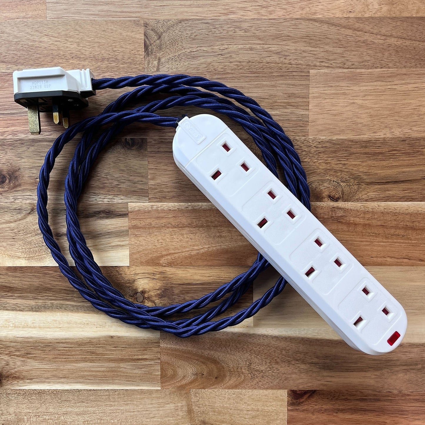 Blue / Purple Braided Fabric Decorative Extension Lead - White 4 Gang Trailing Socket