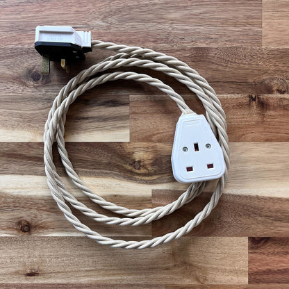 Cream / Linen Braided Fabric Decorative Extension Lead - White 1 Gang Trailing Socket