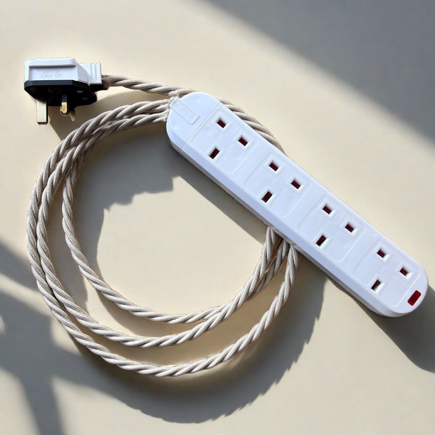 Cream / Linen Braided Fabric Decorative Extension Lead - White 4 Gang Trailing Socket