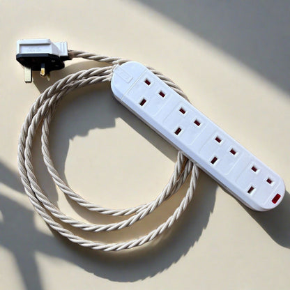 Cream / Linen Braided Fabric Decorative Extension Lead - White 4 Gang Trailing Socket
